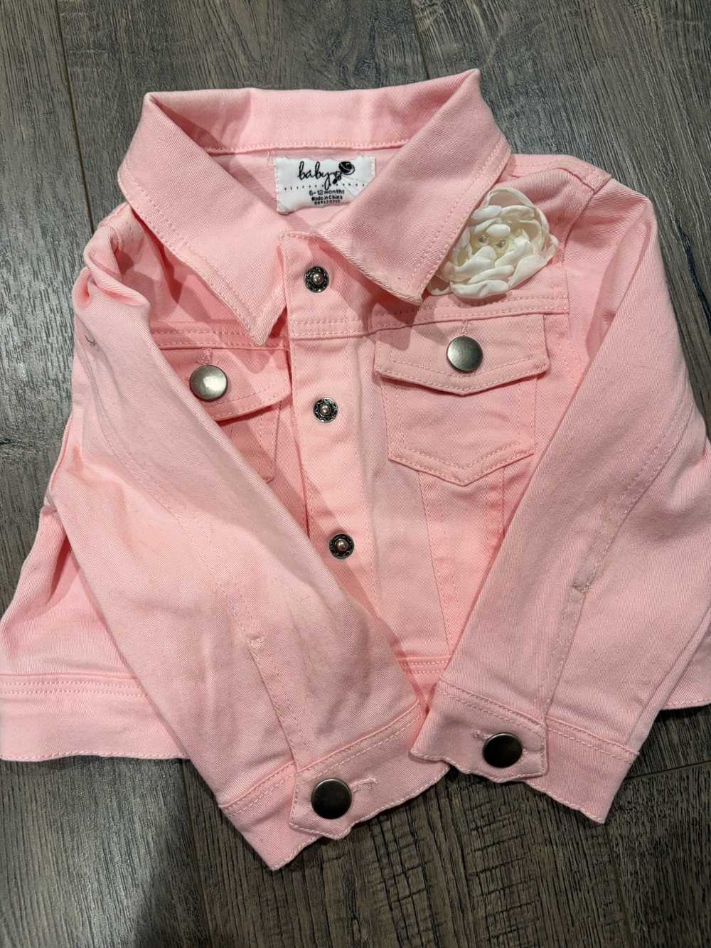 Baby Pink Girls' Denim Jacket with Flower Accent